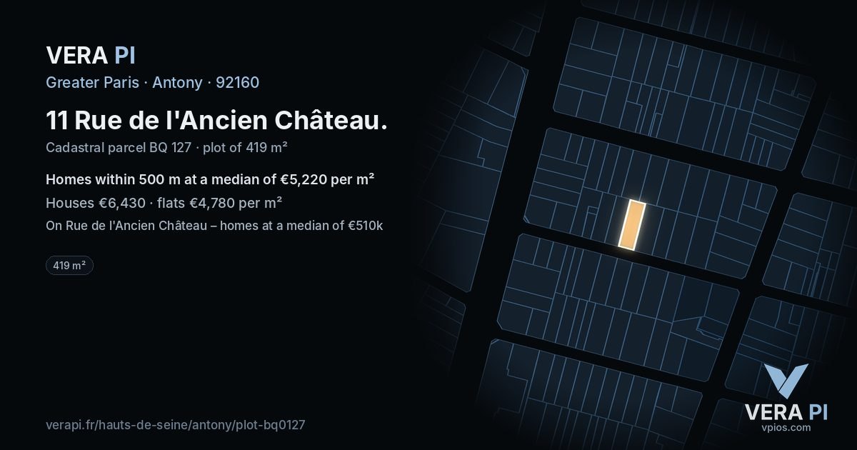 11 Rue de l'Ancien Château, Antony at night – the plot lit, the parcels around coloured by the prices near them
