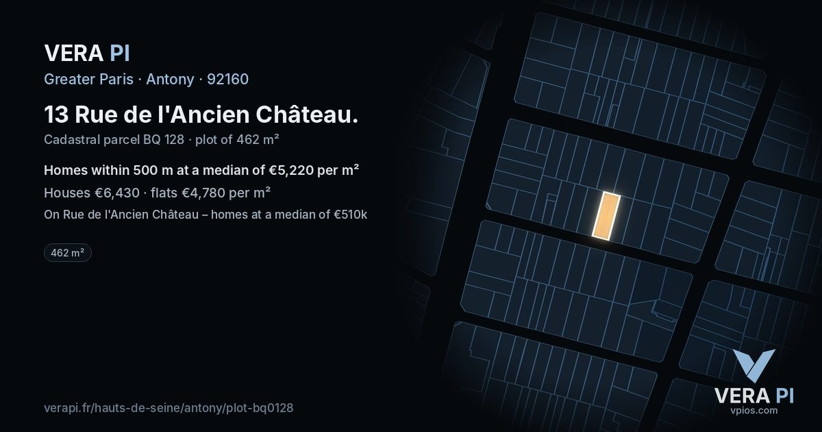 13 Rue de l'Ancien Château, Antony at night – the plot lit, the parcels around coloured by the prices near them