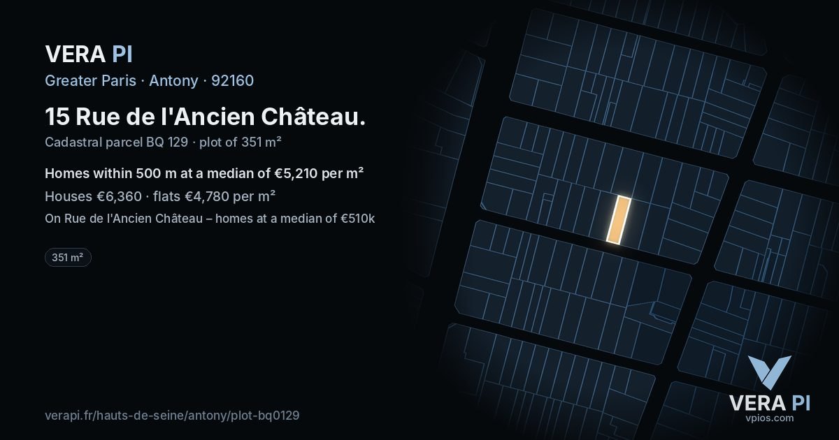 15 Rue de l'Ancien Château, Antony at night – the plot lit, the parcels around coloured by the prices near them