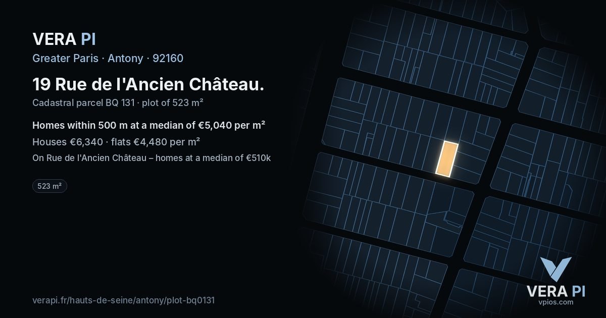 19 Rue de l'Ancien Château, Antony at night – the plot lit, the parcels around coloured by the prices near them