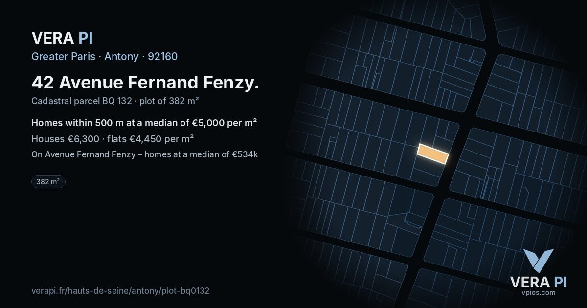 42 Avenue Fernand Fenzy, Antony at night – the plot lit, the parcels around coloured by the prices near them