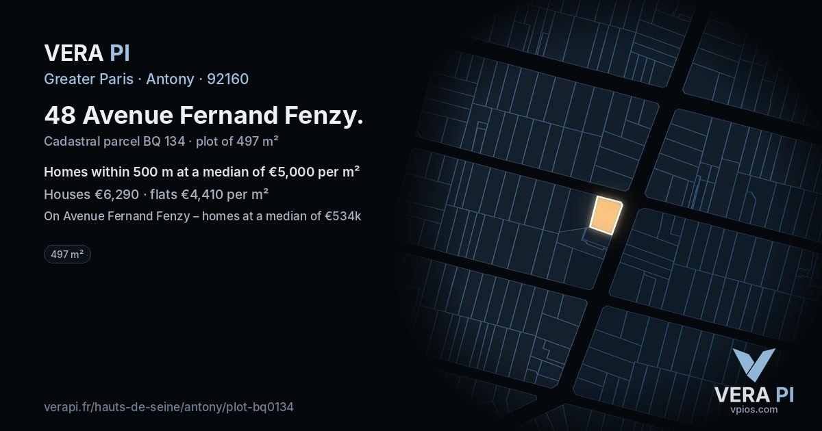 48 Avenue Fernand Fenzy, Antony at night – the plot lit, the parcels around coloured by the prices near them