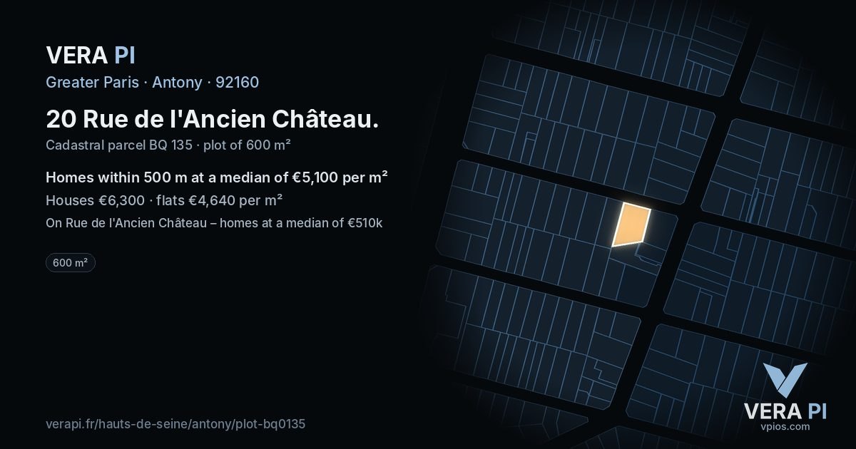 20 Rue de l'Ancien Château, Antony at night – the plot lit, the parcels around coloured by the prices near them