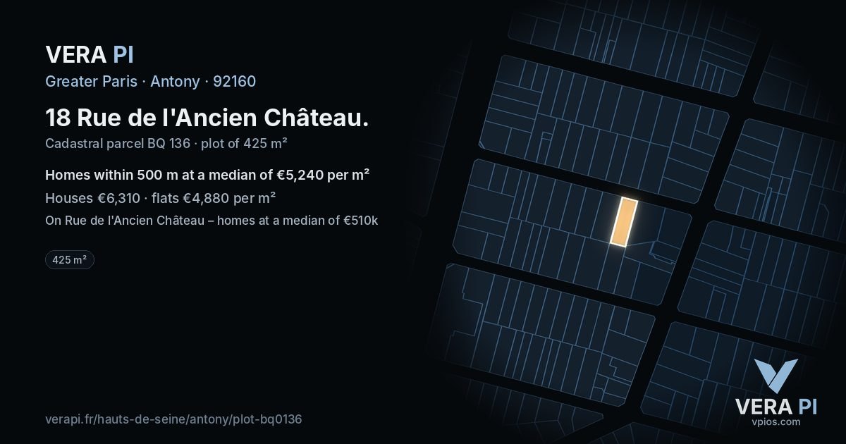 18 Rue de l'Ancien Château, Antony at night – the plot lit, the parcels around coloured by the prices near them