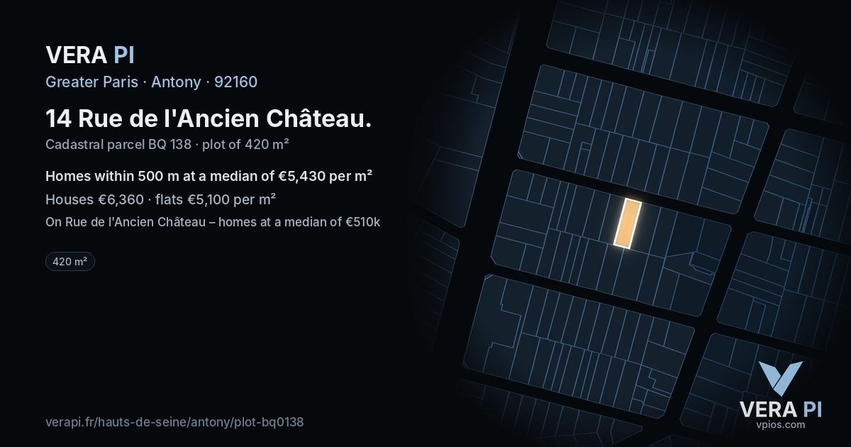 14 Rue de l'Ancien Château, Antony at night – the plot lit, the parcels around coloured by the prices near them