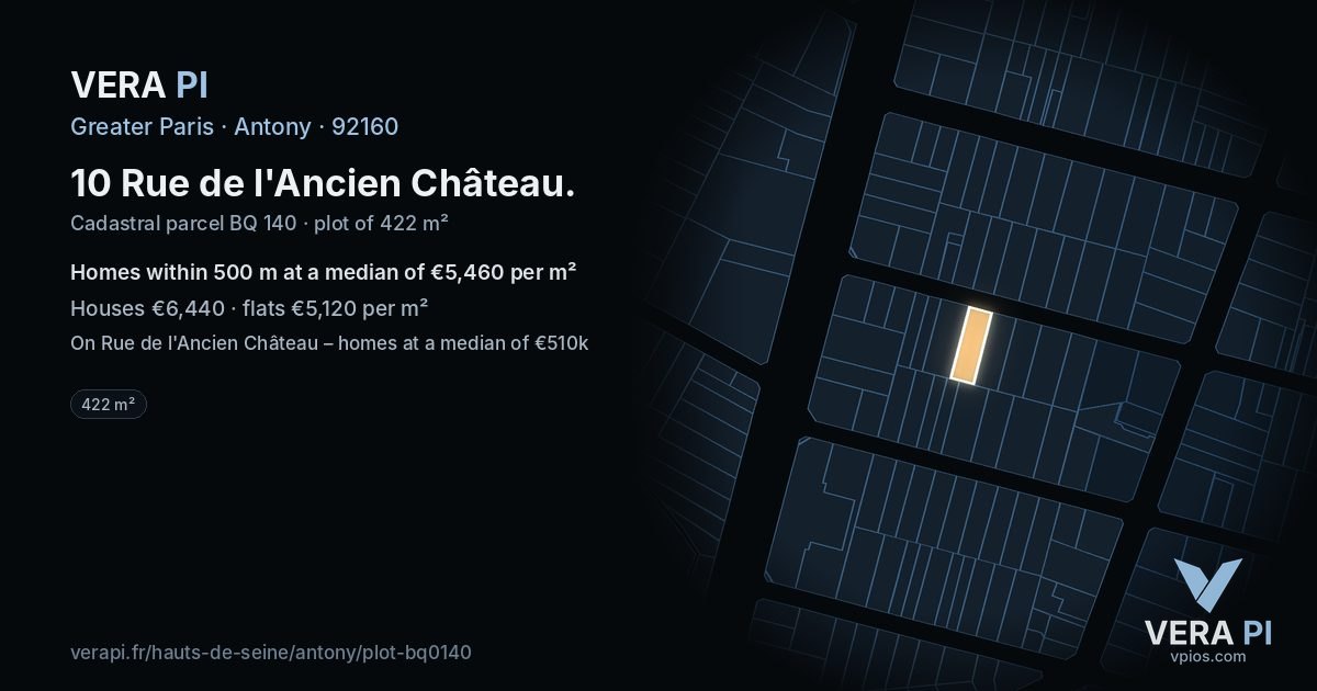 10 Rue de l'Ancien Château, Antony at night – the plot lit, the parcels around coloured by the prices near them