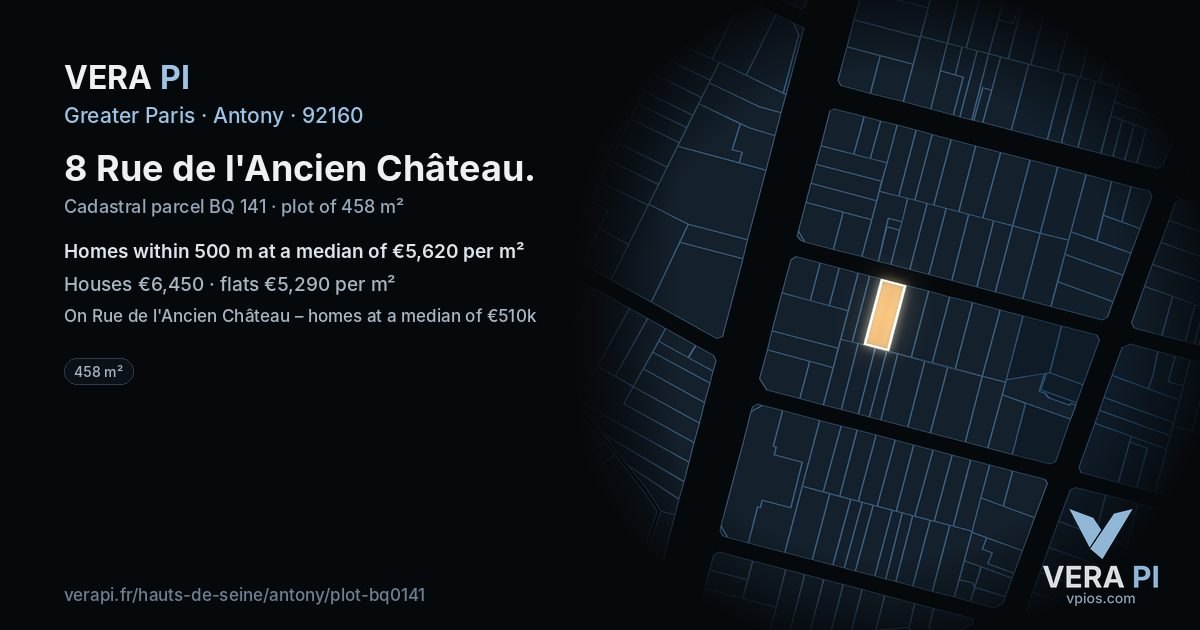 8 Rue de l'Ancien Château, Antony at night – the plot lit, the parcels around coloured by the prices near them