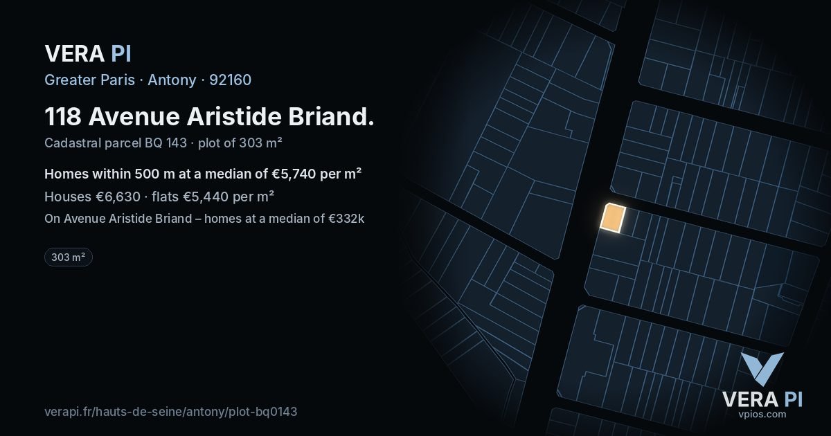 118 Avenue Aristide Briand, Antony at night – the plot lit, the parcels around coloured by the prices near them