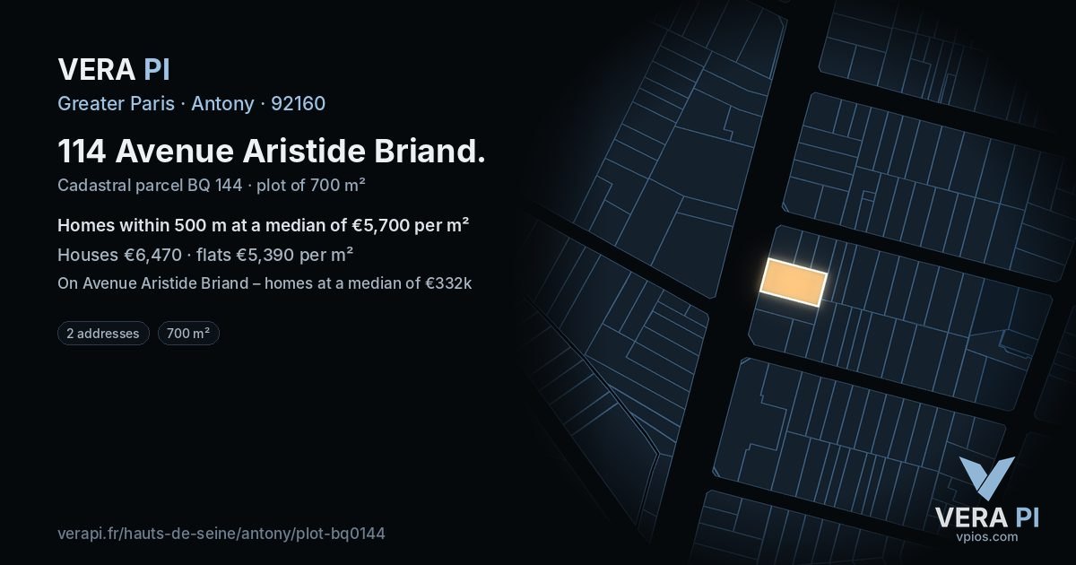 114 Avenue Aristide Briand, Antony at night – the plot lit, the parcels around coloured by the prices near them