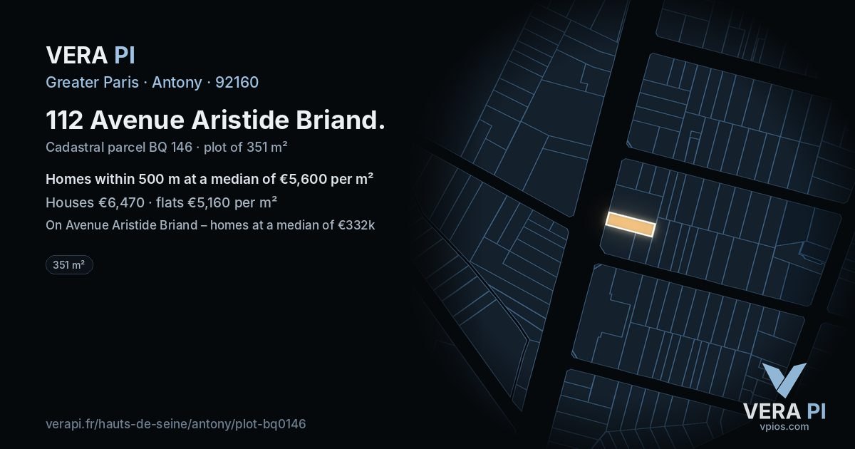 112 Avenue Aristide Briand, Antony at night – the plot lit, the parcels around coloured by the prices near them