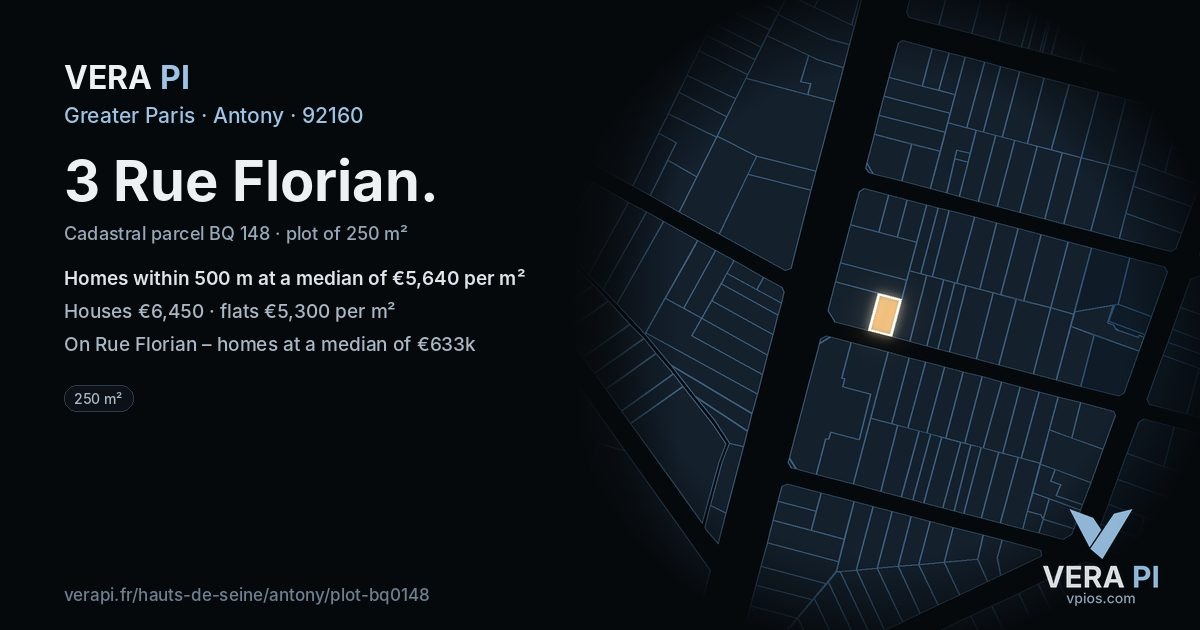 3 Rue Florian, Antony at night – the plot lit, the parcels around coloured by the prices near them