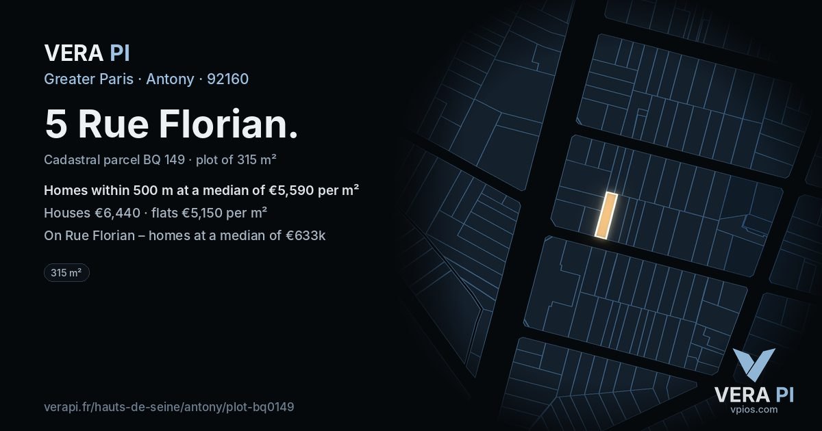 5 Rue Florian, Antony at night – the plot lit, the parcels around coloured by the prices near them