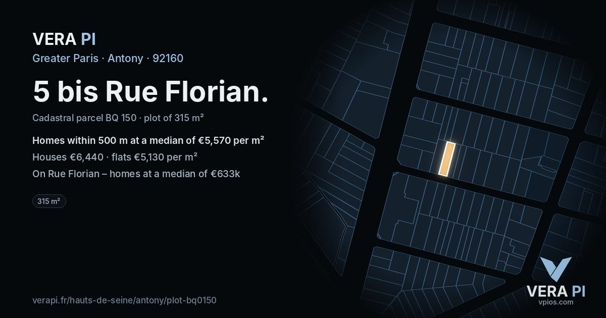 5 bis Rue Florian, Antony at night – the plot lit, the parcels around coloured by the prices near them