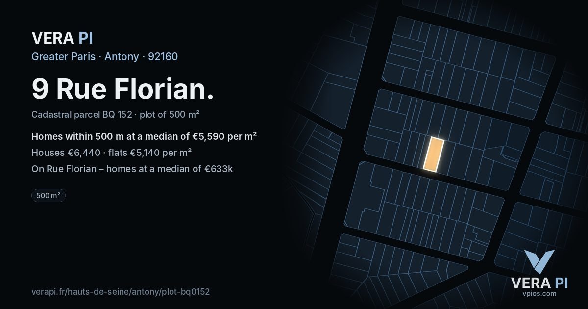 9 Rue Florian, Antony at night – the plot lit, the parcels around coloured by the prices near them