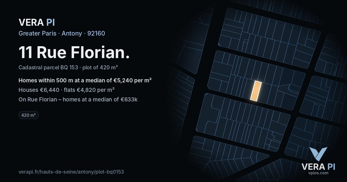 11 Rue Florian, Antony at night – the plot lit, the parcels around coloured by the prices near them