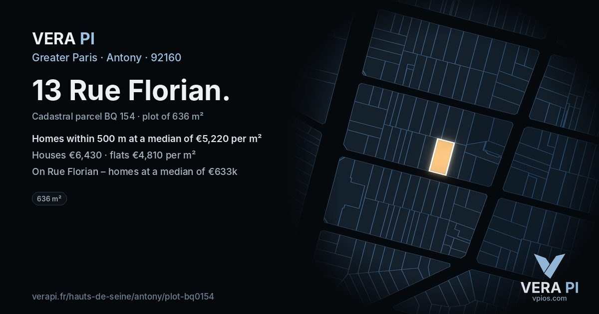 13 Rue Florian, Antony at night – the plot lit, the parcels around coloured by the prices near them