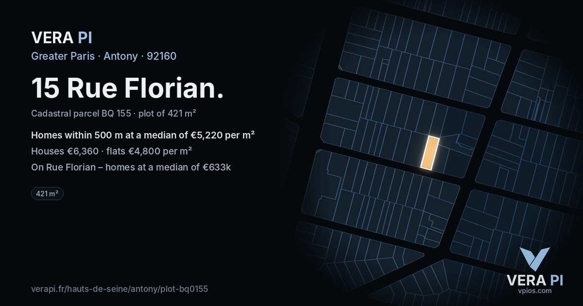 15 Rue Florian, Antony at night – the plot lit, the parcels around coloured by the prices near them