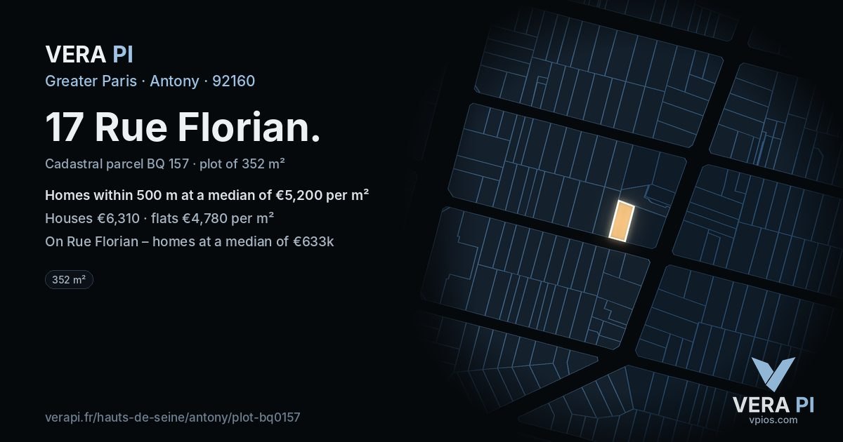 17 Rue Florian, Antony at night – the plot lit, the parcels around coloured by the prices near them