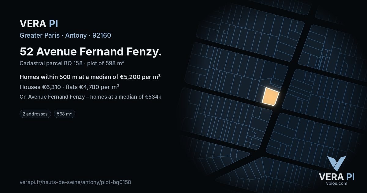 52 Avenue Fernand Fenzy, Antony at night – the plot lit, the parcels around coloured by the prices near them