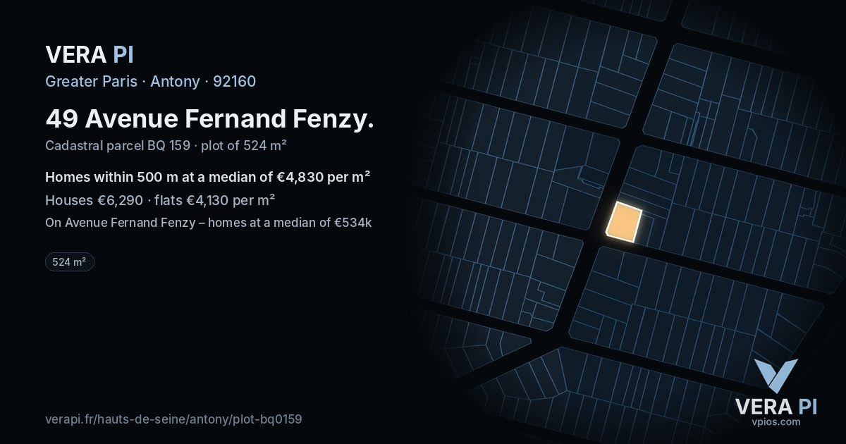 49 Avenue Fernand Fenzy, Antony at night – the plot lit, the parcels around coloured by the prices near them