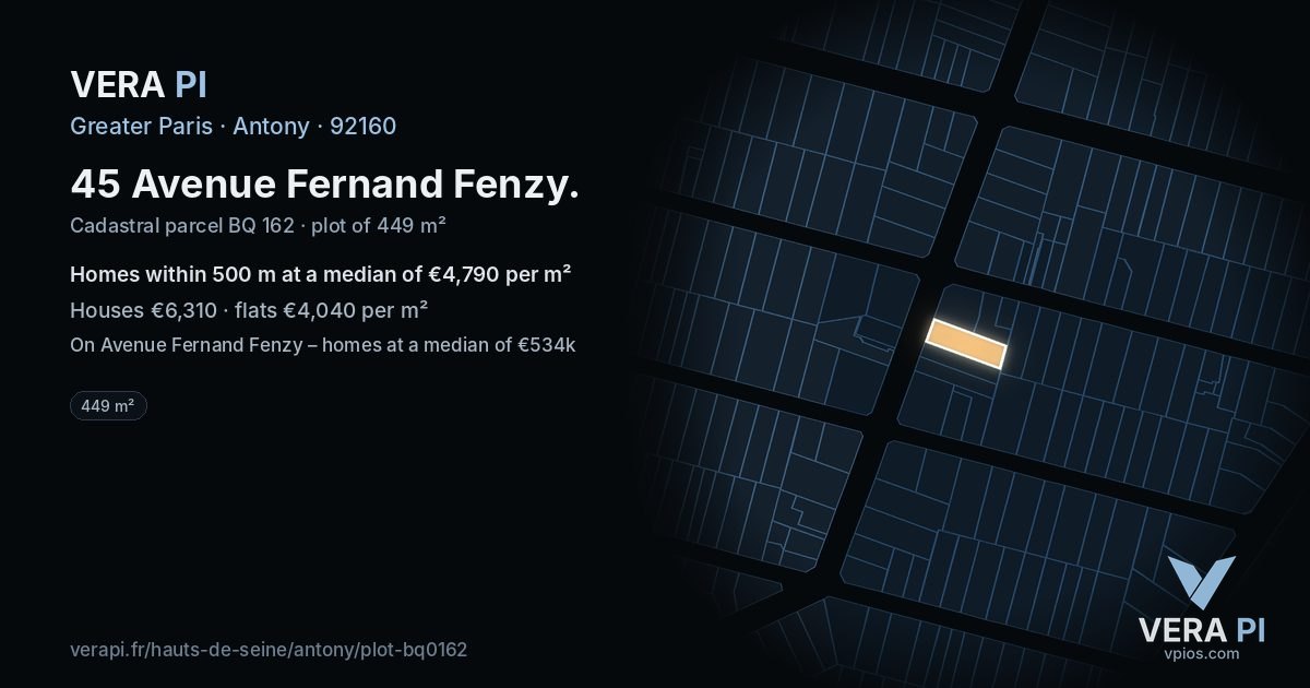 45 Avenue Fernand Fenzy, Antony at night – the plot lit, the parcels around coloured by the prices near them
