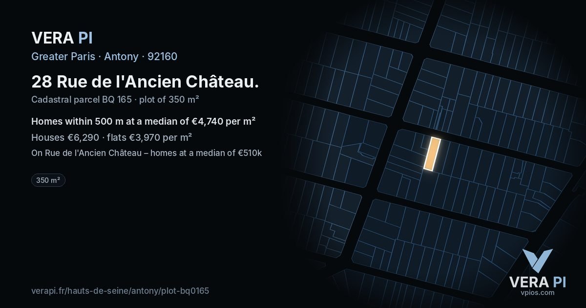 28 Rue de l'Ancien Château, Antony at night – the plot lit, the parcels around coloured by the prices near them
