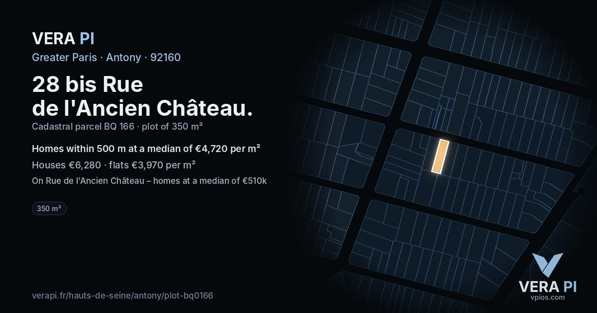 28 bis Rue de l'Ancien Château, Antony at night – the plot lit, the parcels around coloured by the prices near them
