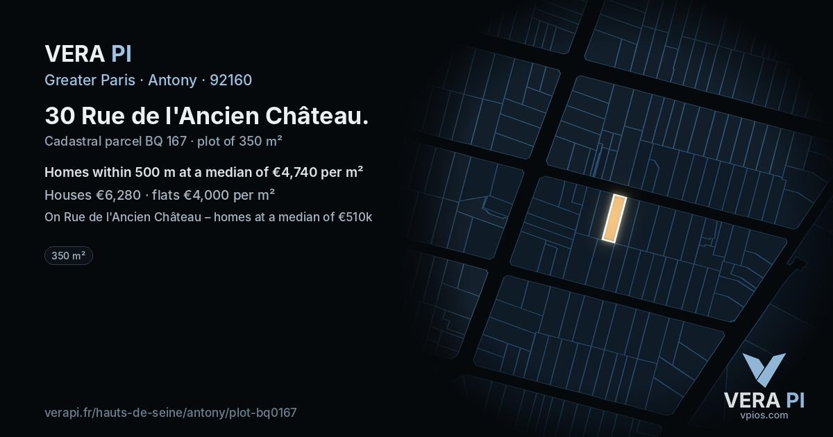 30 Rue de l'Ancien Château, Antony at night – the plot lit, the parcels around coloured by the prices near them