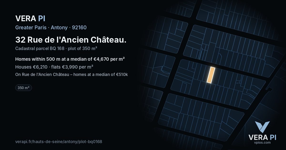 32 Rue de l'Ancien Château, Antony at night – the plot lit, the parcels around coloured by the prices near them