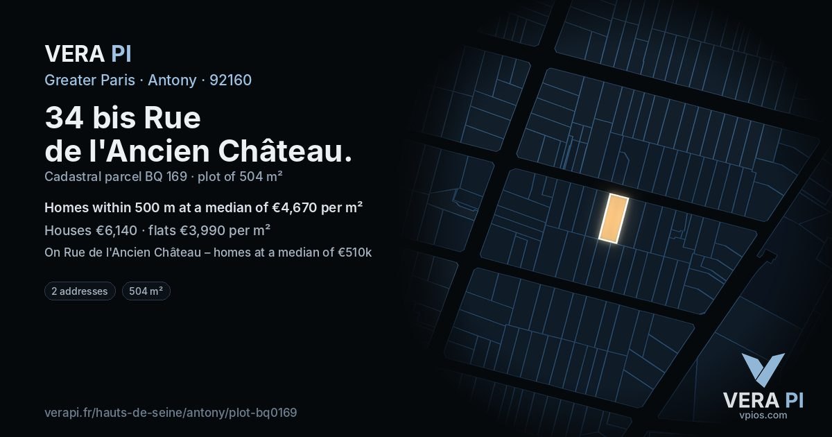 34 bis Rue de l'Ancien Château, Antony at night – the plot lit, the parcels around coloured by the prices near them