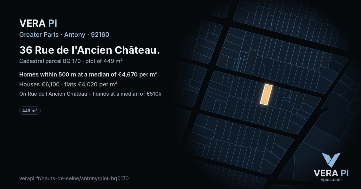 36 Rue de l'Ancien Château, Antony at night – the plot lit, the parcels around coloured by the prices near them