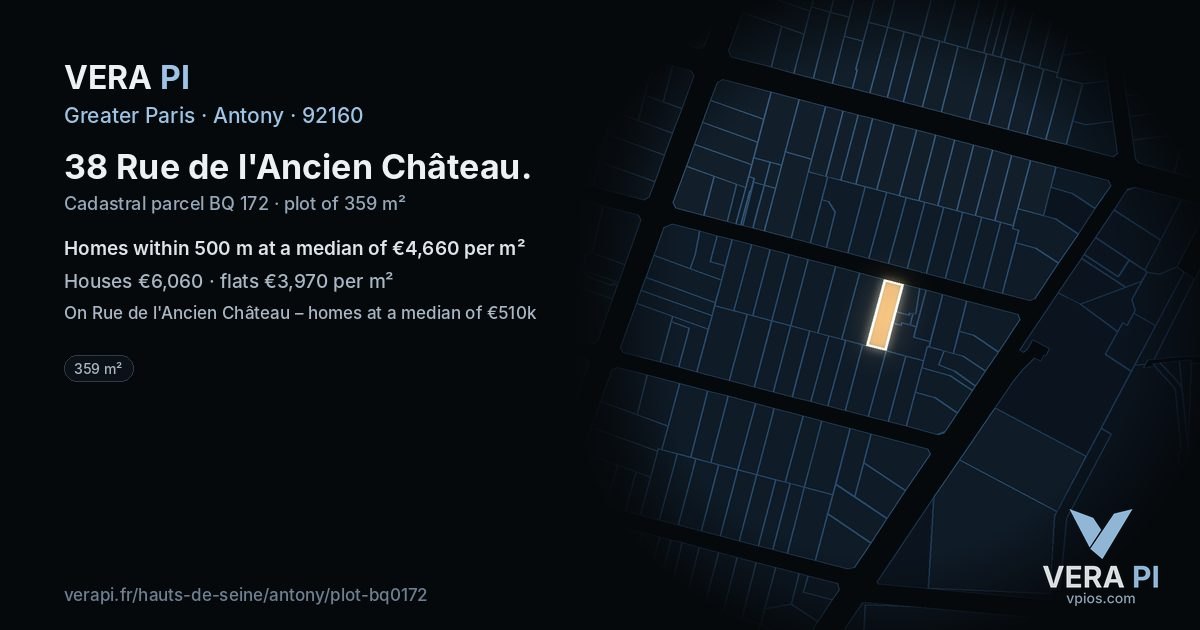 38 Rue de l'Ancien Château, Antony at night – the plot lit, the parcels around coloured by the prices near them