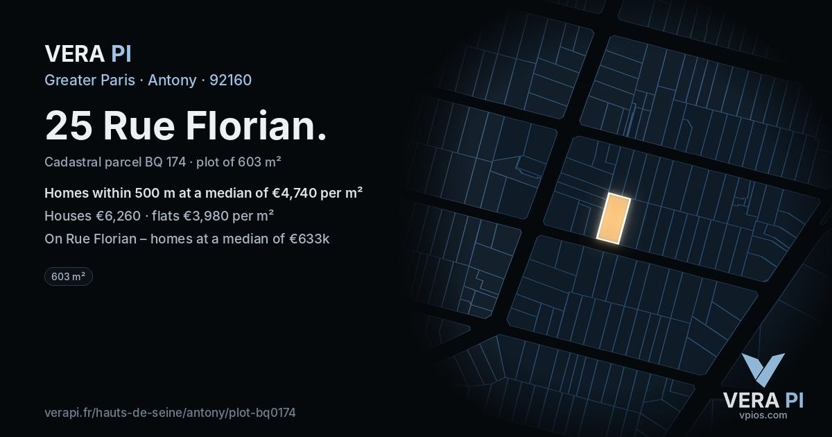 25 Rue Florian, Antony at night – the plot lit, the parcels around coloured by the prices near them