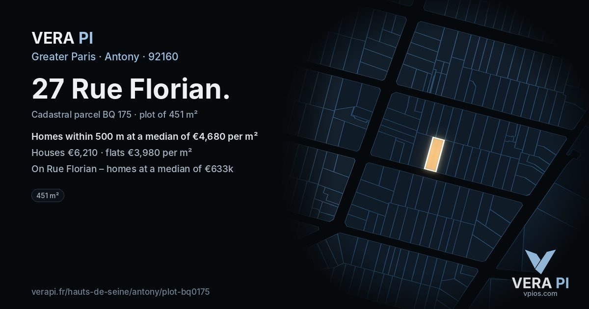 27 Rue Florian, Antony at night – the plot lit, the parcels around coloured by the prices near them