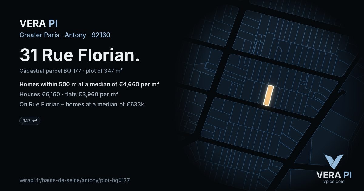 31 Rue Florian, Antony at night – the plot lit, the parcels around coloured by the prices near them