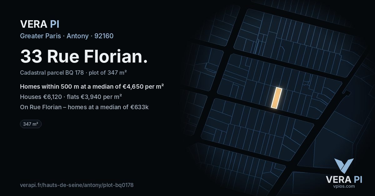 33 Rue Florian, Antony at night – the plot lit, the parcels around coloured by the prices near them