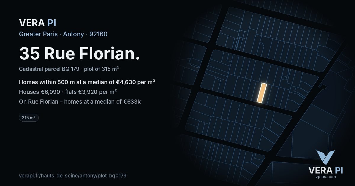 35 Rue Florian, Antony at night – the plot lit, the parcels around coloured by the prices near them