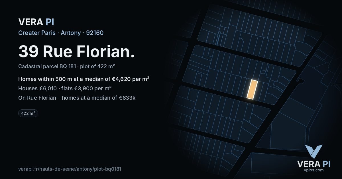 39 Rue Florian, Antony at night – the plot lit, the parcels around coloured by the prices near them