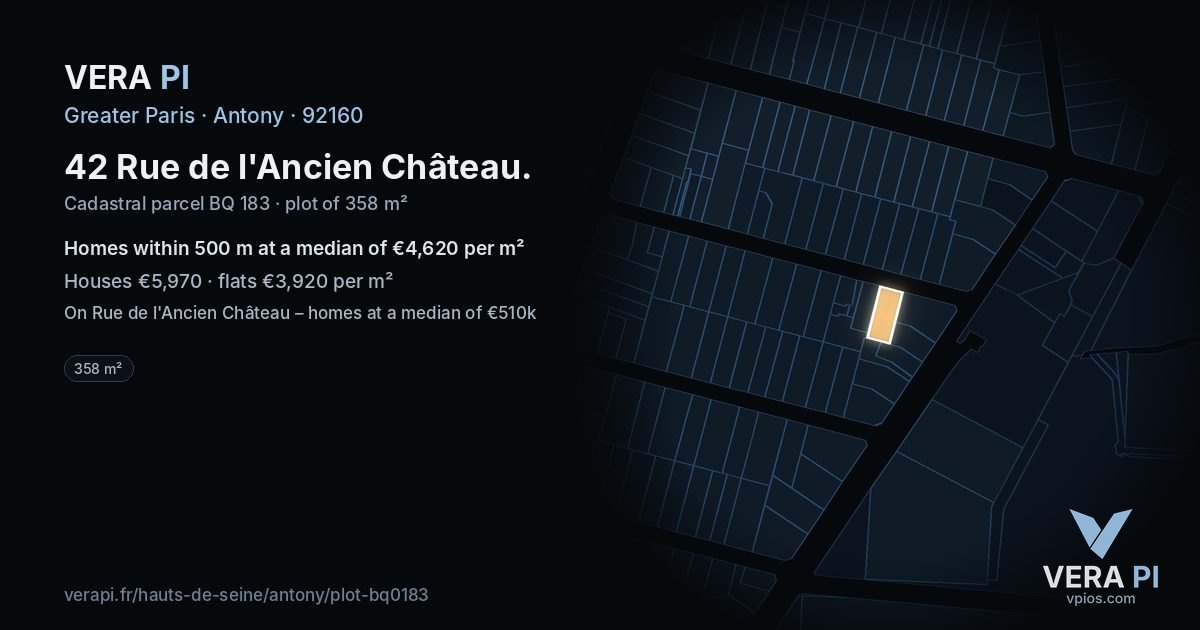42 Rue de l'Ancien Château, Antony at night – the plot lit, the parcels around coloured by the prices near them