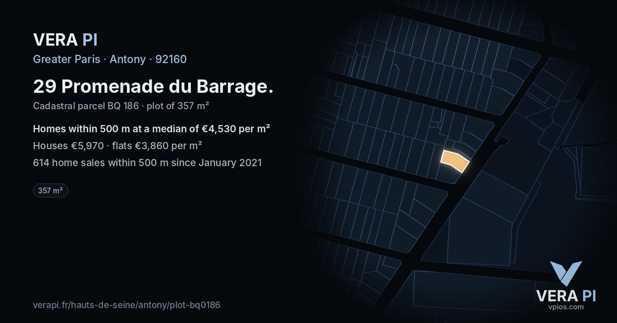 29 Promenade du Barrage, Antony at night – the plot lit, the parcels around coloured by the prices near them