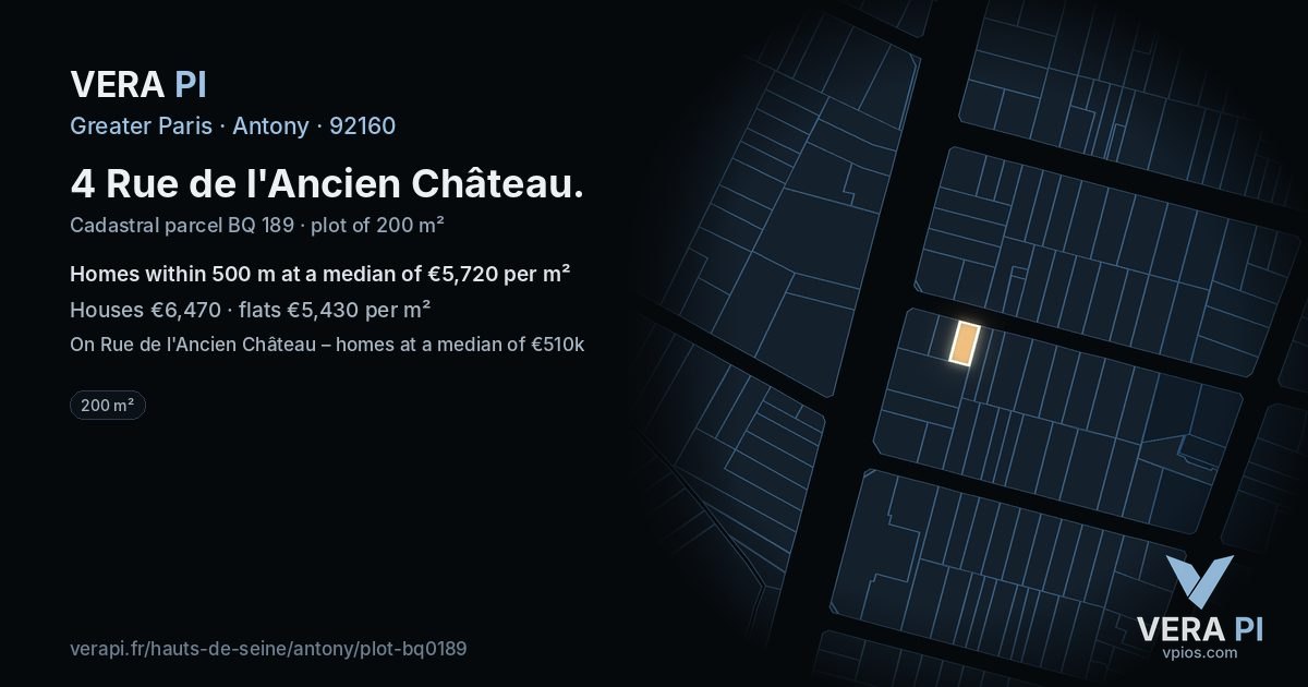 4 Rue de l'Ancien Château, Antony at night – the plot lit, the parcels around coloured by the prices near them