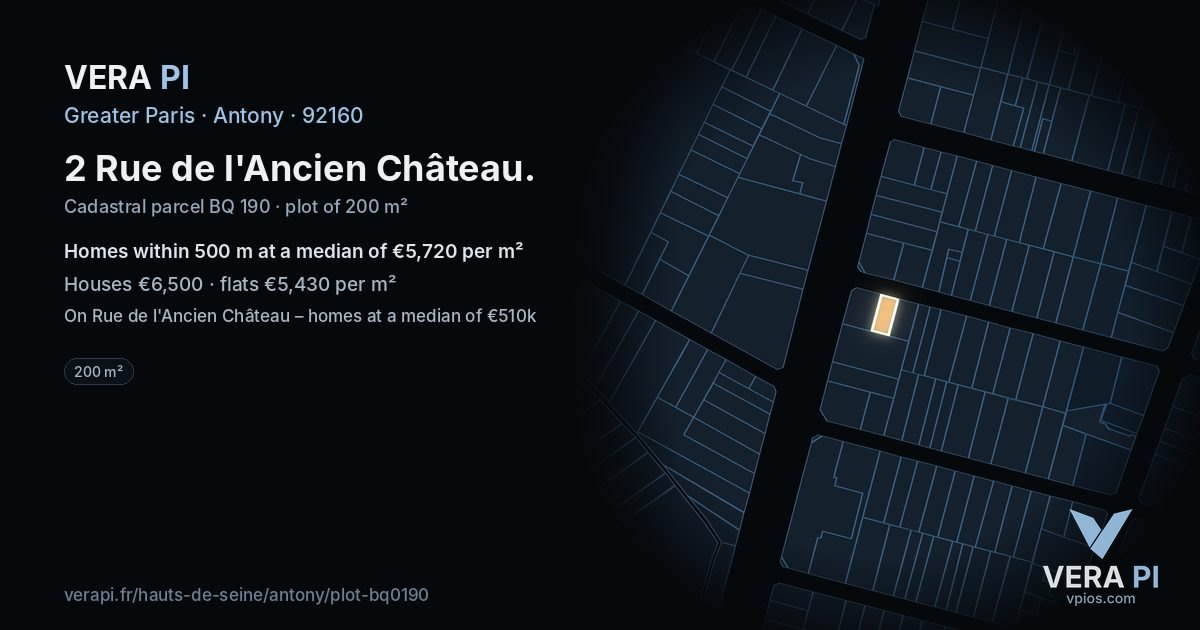 2 Rue de l'Ancien Château, Antony at night – the plot lit, the parcels around coloured by the prices near them