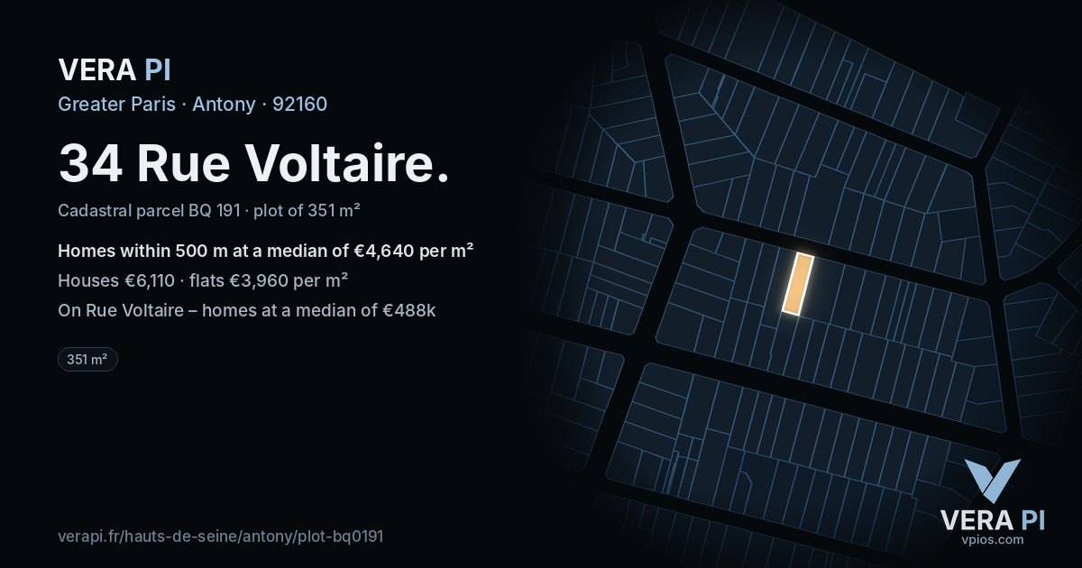 34 Rue Voltaire, Antony at night – the plot lit, the parcels around coloured by the prices near them