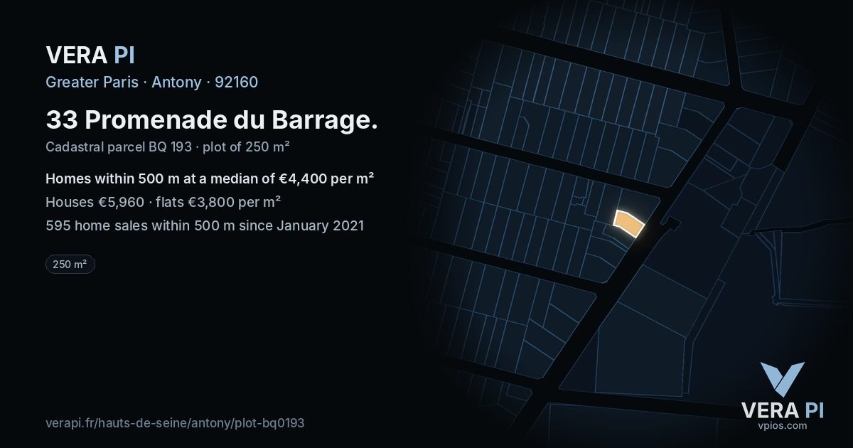 33 Promenade du Barrage, Antony at night – the plot lit, the parcels around coloured by the prices near them