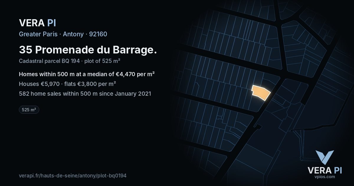 35 Promenade du Barrage, Antony at night – the plot lit, the parcels around coloured by the prices near them