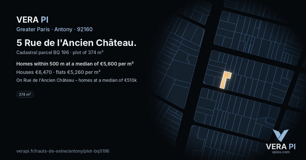 5 Rue de l'Ancien Château, Antony at night – the plot lit, the parcels around coloured by the prices near them