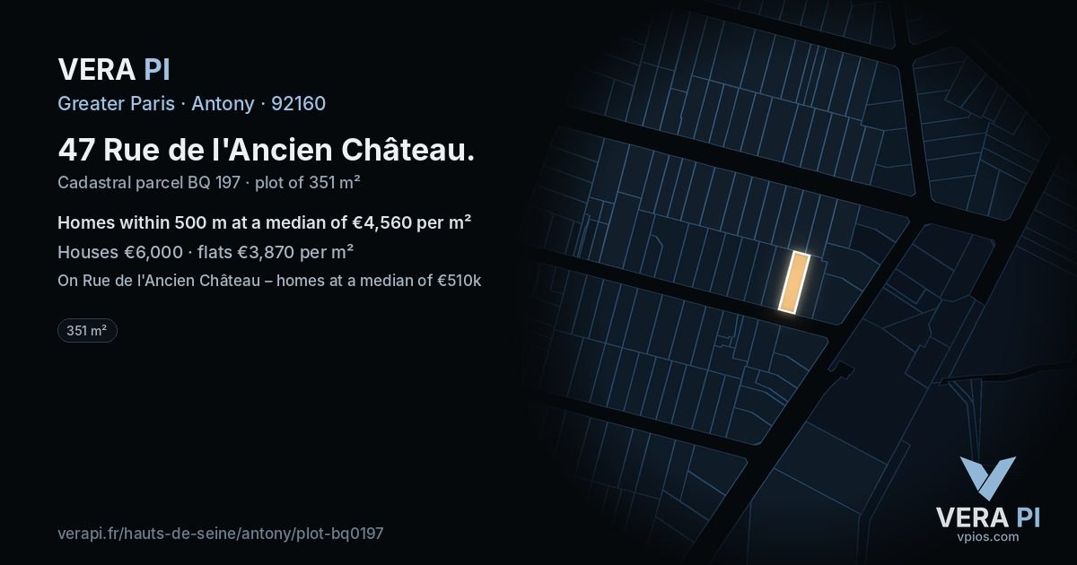 47 Rue de l'Ancien Château, Antony at night – the plot lit, the parcels around coloured by the prices near them