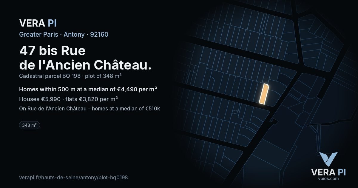 47 bis Rue de l'Ancien Château, Antony at night – the plot lit, the parcels around coloured by the prices near them