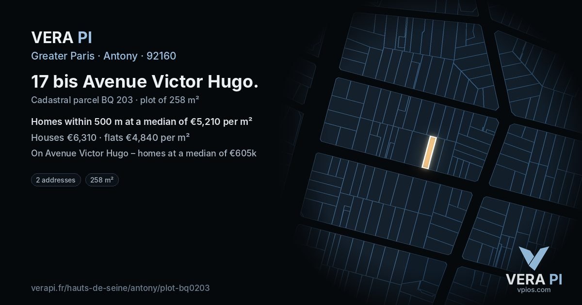 17 bis Avenue Victor Hugo, Antony at night – the plot lit, the parcels around coloured by the prices near them