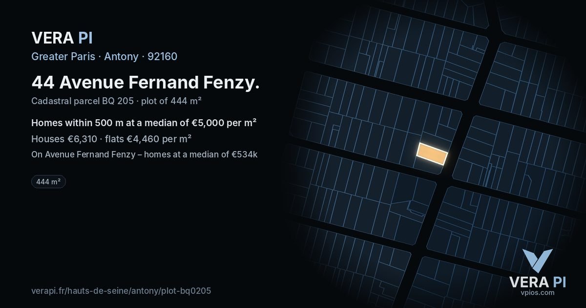 44 Avenue Fernand Fenzy, Antony at night – the plot lit, the parcels around coloured by the prices near them